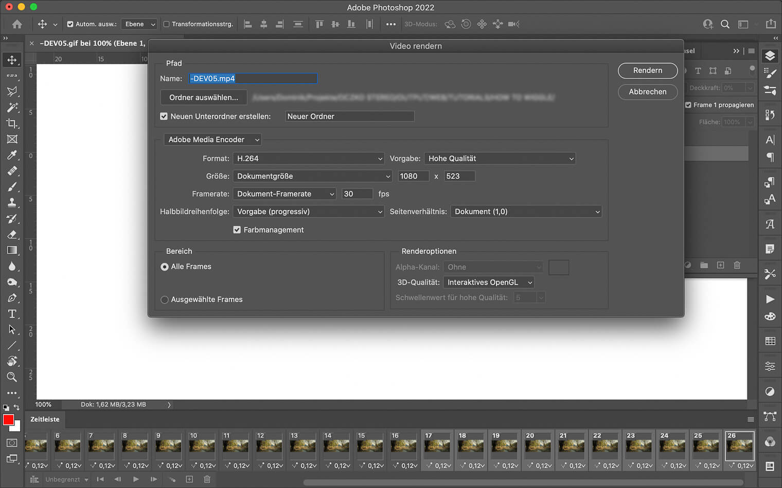 screenshot of Photoshop how to export wiggles for social media